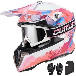 OUMURS Adult ATV Dirt Bike Helmet with Gloves & Mask Adjustable Sun Visor Motorcycle Adult Helmet Off-Road Motocross Downhill MX for Unisex-Adult - 806 Pink Splash, M
