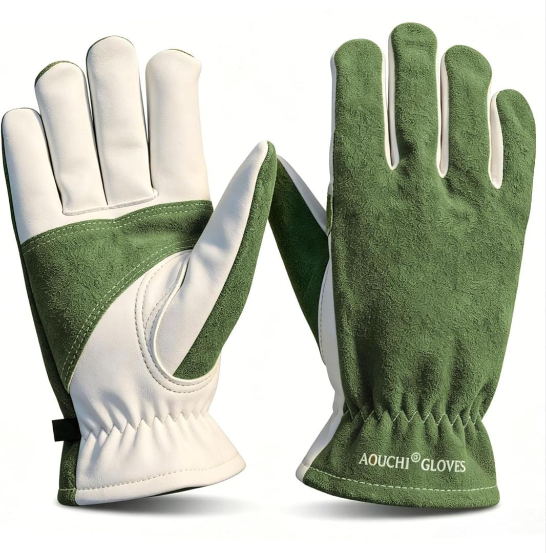 Leather Work Gloves for Men & Women, Cowhide Gardening Gloves, Reinforced Durable, Puncture Resistant & Cut Resistant Work Gloves (Green)