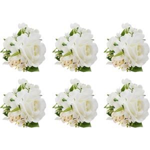 Meldel Pocket Boutonniere for Men, Set of 6, Groom Groomsman Boutonnieres for Wedding Prom Suit Accessories, Artificial White Rose Corsage for Party Ceremony Anniversary Graduation Flowers