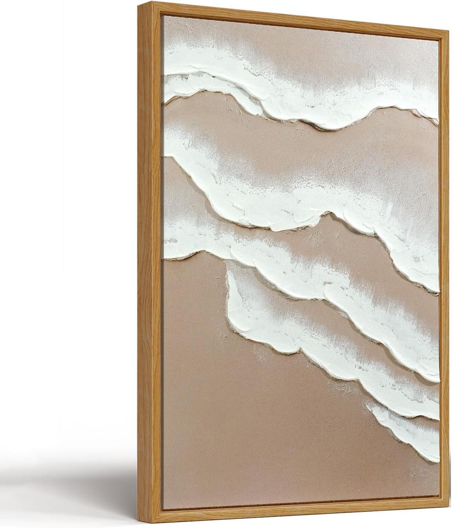Vaskuro Large Framed 3D Handmade Neutral Art Paintings for Living Dining Room, Textured Wave Abstract Artwork for Wall, Modern Minimalist Cozy Decor for Bedroom Office 24x36 In