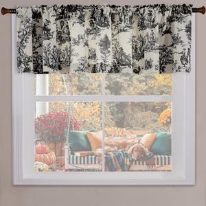 Black and White Farmhouse Kitchen Valances for Windows,Toile Country Decor Print Sheer Rustic Theme Pattern Design Rod Pocket Cream Cotton Valance Curtains for Living Room Bathroom Set,18 Inch Length