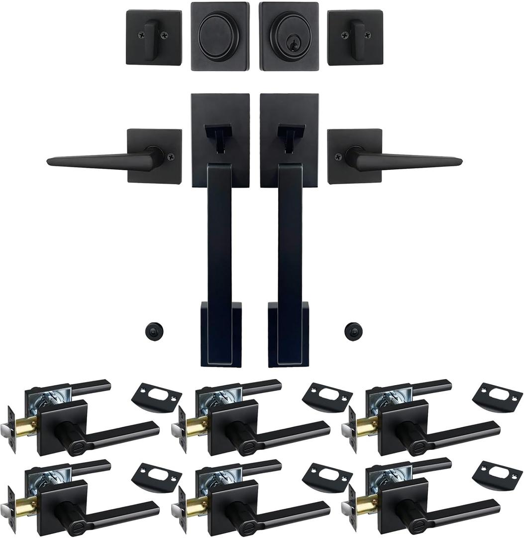 Matte Black Double French Door Handle Set & 6pcs of Privacy Door Levers