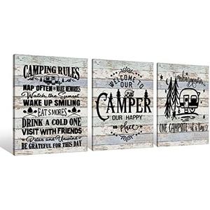 Camper Camping Rules Campsite Canvas Wall Art Prints Artwork Signs Framed for Lake House Cabin Porch Campsite Wall Decor Home Room RV Decor, 3 Pieces 11X14 inch, Friends Family Housewarming Gift