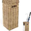 Woven Umbrella Stand for Entryway & Outdoor Porch, Weather-Resistant PE Rattan Cane Holder, Scalloped Square Bin with Drip Tray, Farmhouse Decor Rack for Umbrellas, Wrapping Paper, Walking Sticks