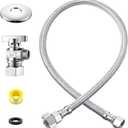 Dreyoo Water Supply Line Kit 24 Inch 3/8 Compression Inlets & Outlets Toilet Connector Hose, 1/2'' Nom Inlet x 3/8'' OD Compression Outlet Angle Shut Off, Adapter, Escutcheon Plate, Tape