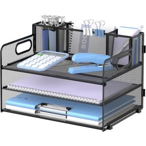 SUPEASY 3 Tier Desk Organizer with Handle & 3 Pen Holders, Mesh Paper/File Organizer for Desk, Paper Letter Tray Organizer for Office Supplies (Black)