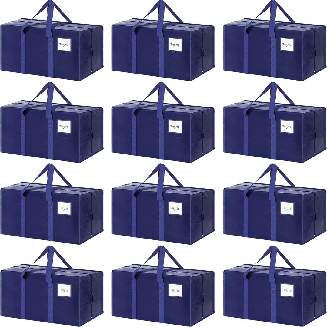 12 Pack Extra Heavy Duty Large Moving Bags with Strong Zipper & Comfortable Handles, Sturdy & Durable Clothes Storage Bags Totes Bins, Packing Moving Boxes for College Supplies, Dark Blue