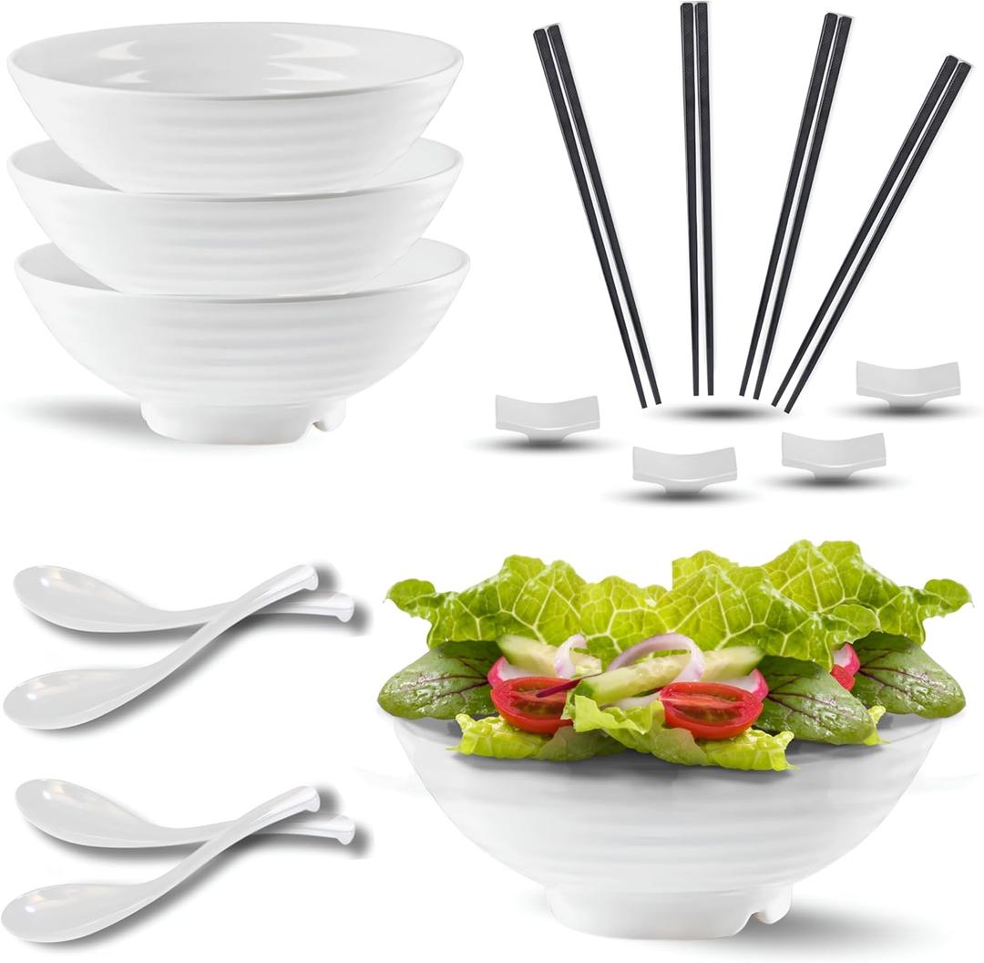 32 oz Melamine Ramen Bowl Set  Japanese Pho Bowls with Spoons, Chopsticks & Holders  20-Piece Noodle, Udon & Soup Dinnerware  Durable & Dishwasher-Safe  White
