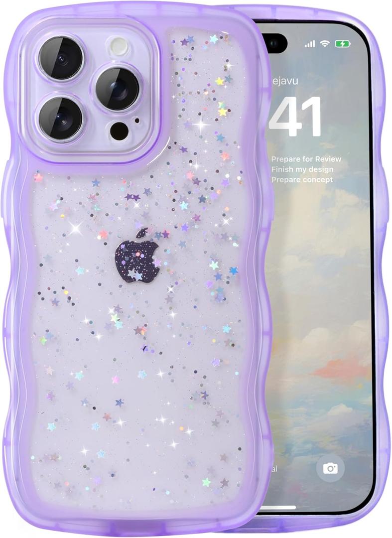 IAIYOXI Case for iPhone 14 - Curly Wave Edge Design, Bling Glitter Star Shiny Case, Cute Pink Clear Full Protection Soft TPU Shockproof Cover for Women and Girls (iPhone 14, Purple)