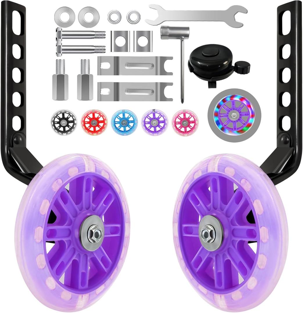 HAWENS Bike Training Wheels Mute Flash Wheels with Adjustable Bicycle Stabilizer Mounted Kit Compatible for 12 14 16 18 20 inch Single Speed Bike (Purple)