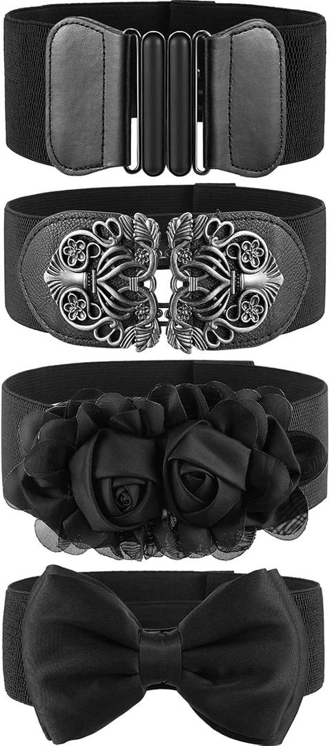 Chuangdi 4 Pieces Women Vintage Wide Waist Belt Black Belt for Dress Elastic Stretch Retro Waistband for Jeans Pants (Black)
