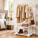 Solid Wood Clothes Rack with 2 Shelves & 4 Hooks for Hanging Clothes Garment Wallets Hats, White Clothing Rack Heavy Duty Coat Rack Freestanding with Storage Hall Tree for Hallway Bedroom Living Room