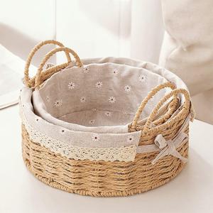 GIB Small Wicker Storage Baskets for Organizing, Decorative Woven Baskets with Handles & Liners, Boho Paper Rope Round Serving Baskets Trays for Shelves, Table, Gifts, Set of 2