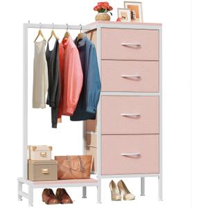 Dresser with Hanging Rack, 4 Drawers Small Closet for Bedroom, Reversible Fabric Kids Chest of Drawers with Clothes Rack, Tall Storage Tower, Sturdy Frame, Pink, 44''H