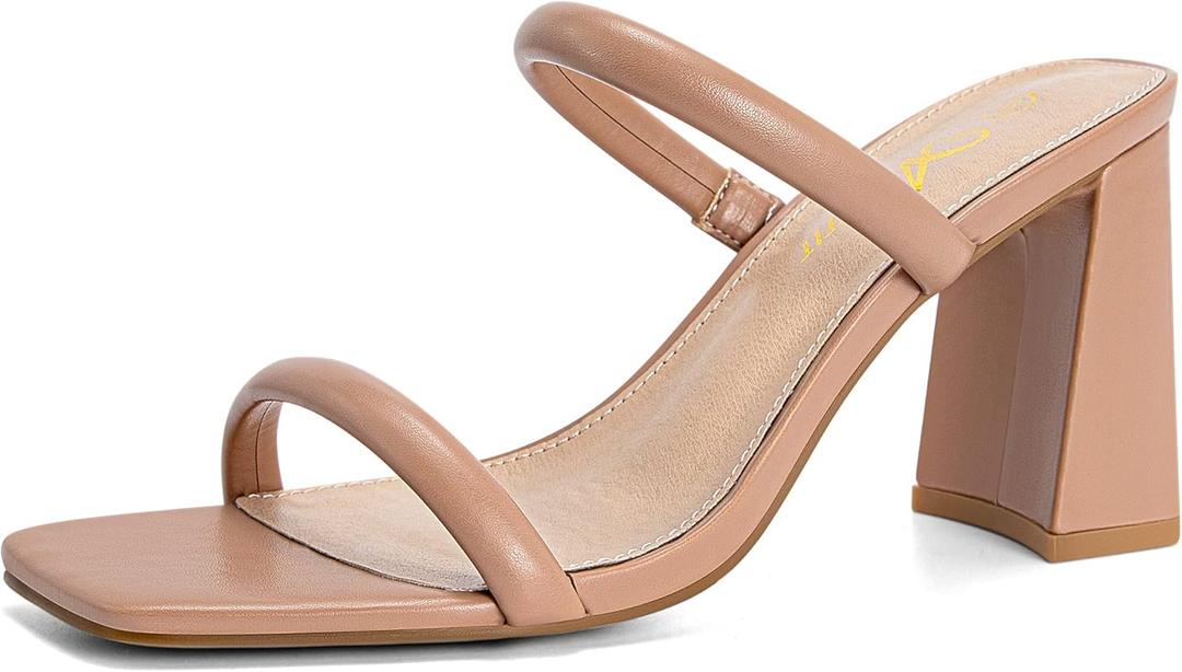 Athlefit Women's Square Open Toe Two Strap Heeled Sandals Slip On Block Chunky Heels Sandals, Size 10