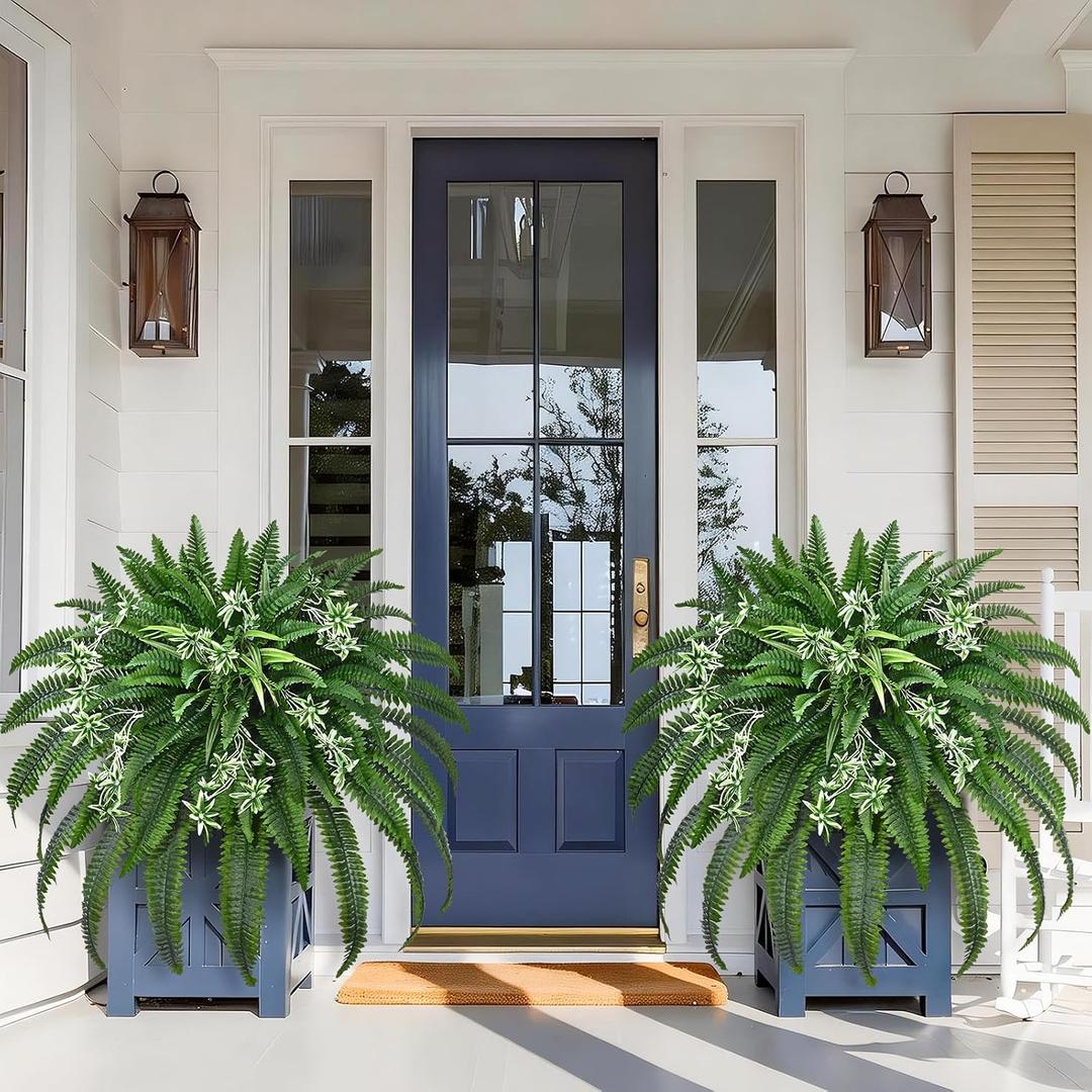 Livole 2 Pcs 48" Large Fake Ferns with Spider Plant, Artificial Ferns for Outdoors Large Faux Boston Fern with 110 Branches Realistic UV Resistant for Planter Indoor Home Garden Porch Hanging Decor