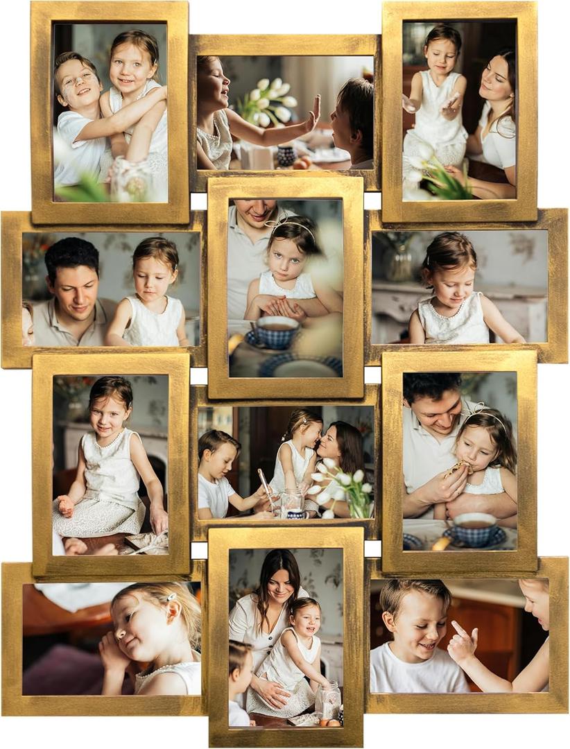 J.M.Deco 12 Opening Photo Collage Frame for Wall Decor, 4 x 6 Picture Frame Collage Wall Hanging, One-Piece Design, Retro Gold