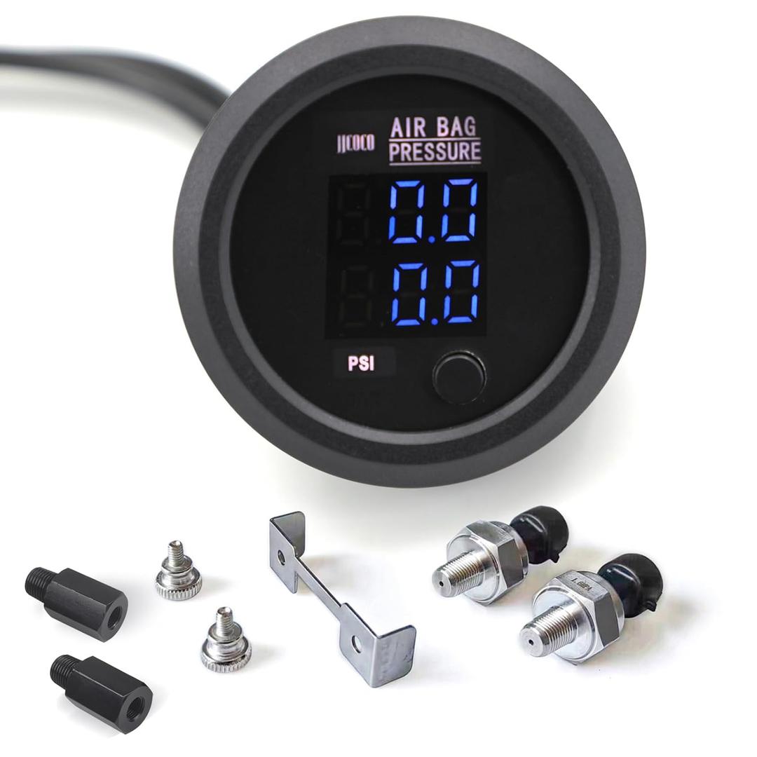 Dual Digital Display Air Pressure Gauge 2-1/16" (52mm) Air Suspension Gauge Kit 0-220 PSI 2PCS 1/8NPT Sensors with 1/4NPT Replacement Fittings for Air Suspension Systems Cars, Suvs and Trucks