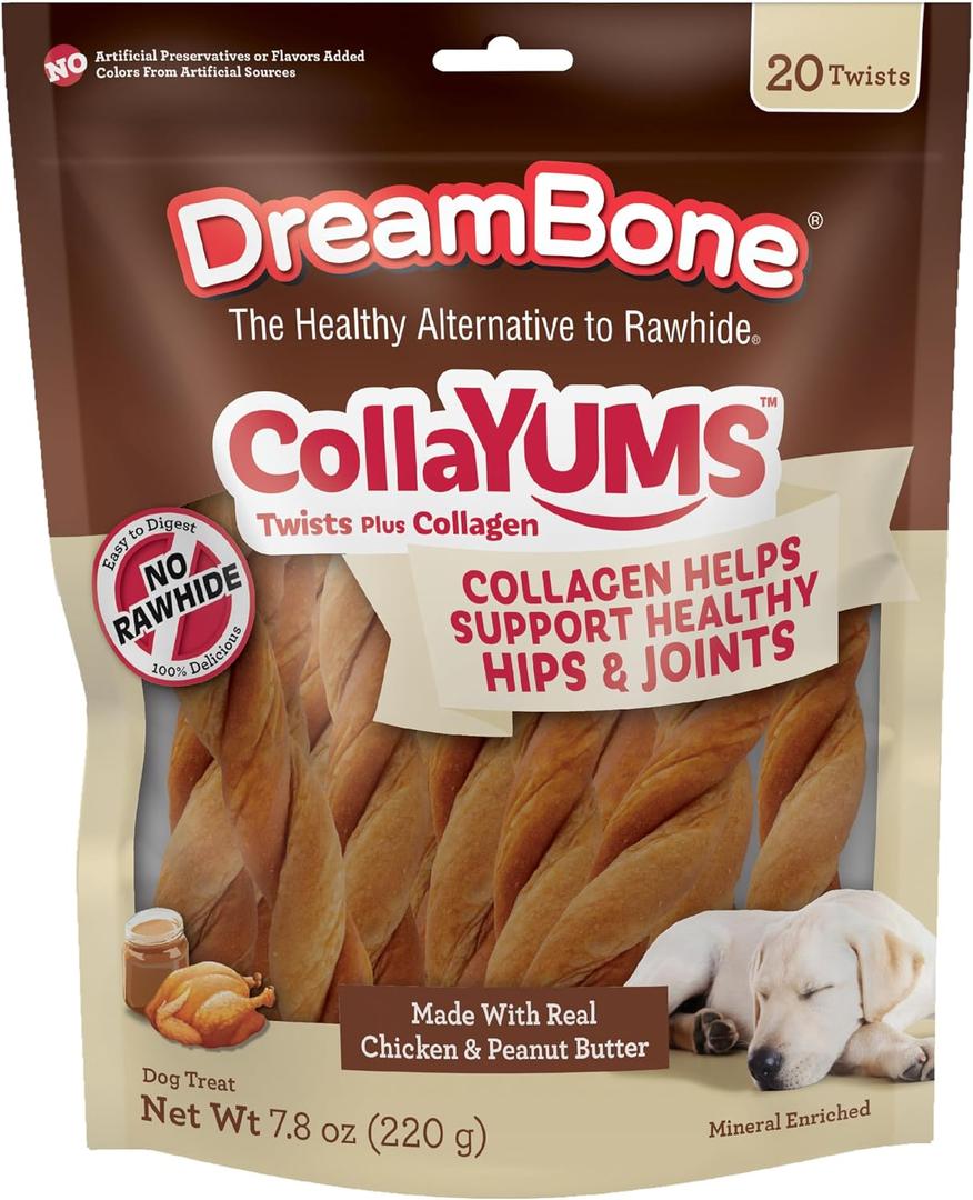 3 x DreamBone CollaYUMS Twists Plus Collagen Rawhide-Free Dog Treats, 20 Count (EXP 01/22/28)