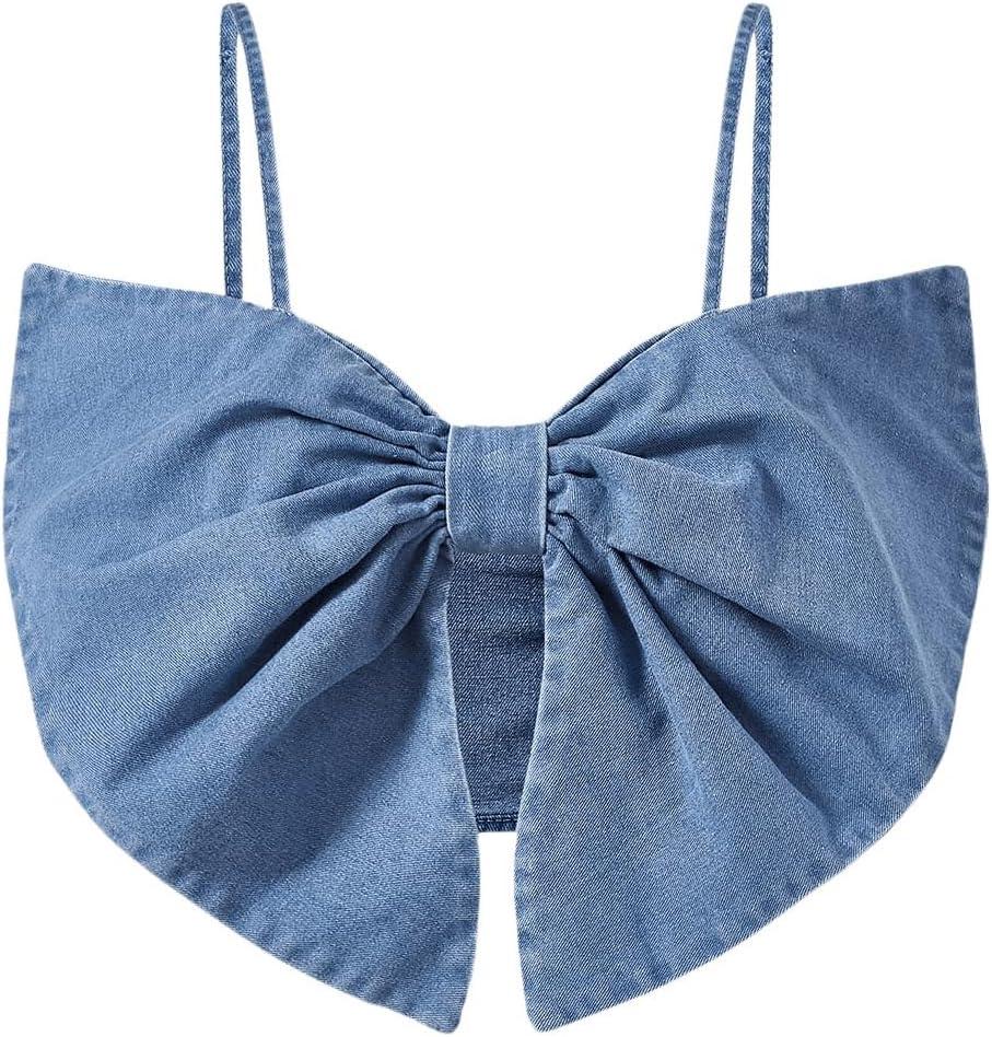 MakeMeChic Women's Denim Top Bow Front Sleeveless Spaghetti Strap Ruched Backless Crop Top Y2k Camisole Tops (Large) MakeMeChic Women's Denim Top Bow Front Sleeveless Spaghetti Strap Ruched Backless Crop Top Y2k Camisole Tops (Large)