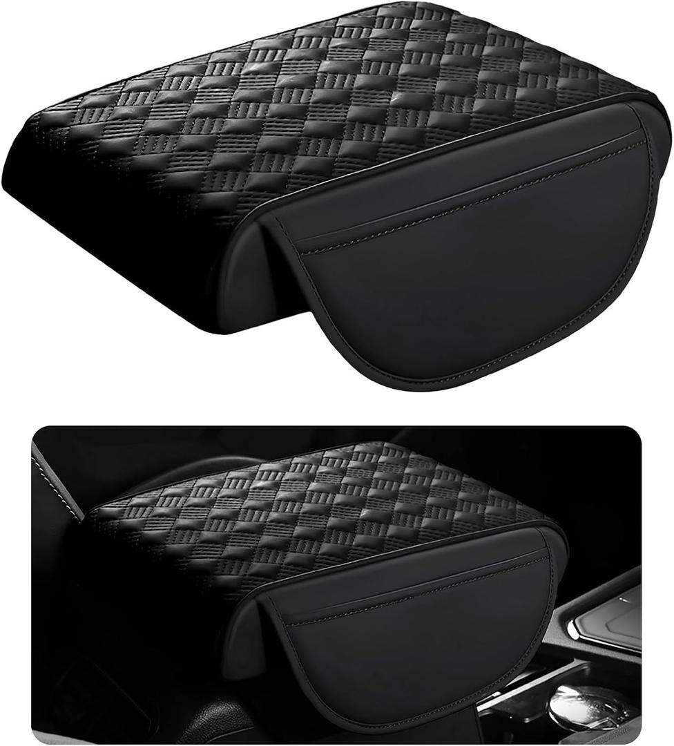 Car Armrest Cushion, 12.2"8.3" Leather Auto Memory Foam Center Console Pad with Storage Pocket, Waterproof & Anti-Scratch Elbow Pillow Armrest Seat Box Protector, Universal Fit (Black)