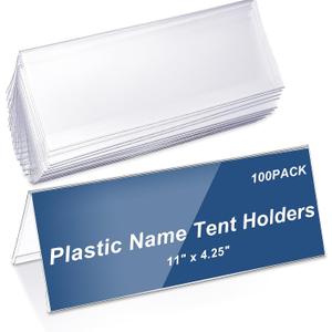Vicenpal 100 Pieces Clear Plastic Name Tent Holders 11" x 4.25" Acrylic Name Plate for Desk PVC Card Tent Holder Desk Sign Frame for Table Office Business Conference Meeting Room School Display Stand