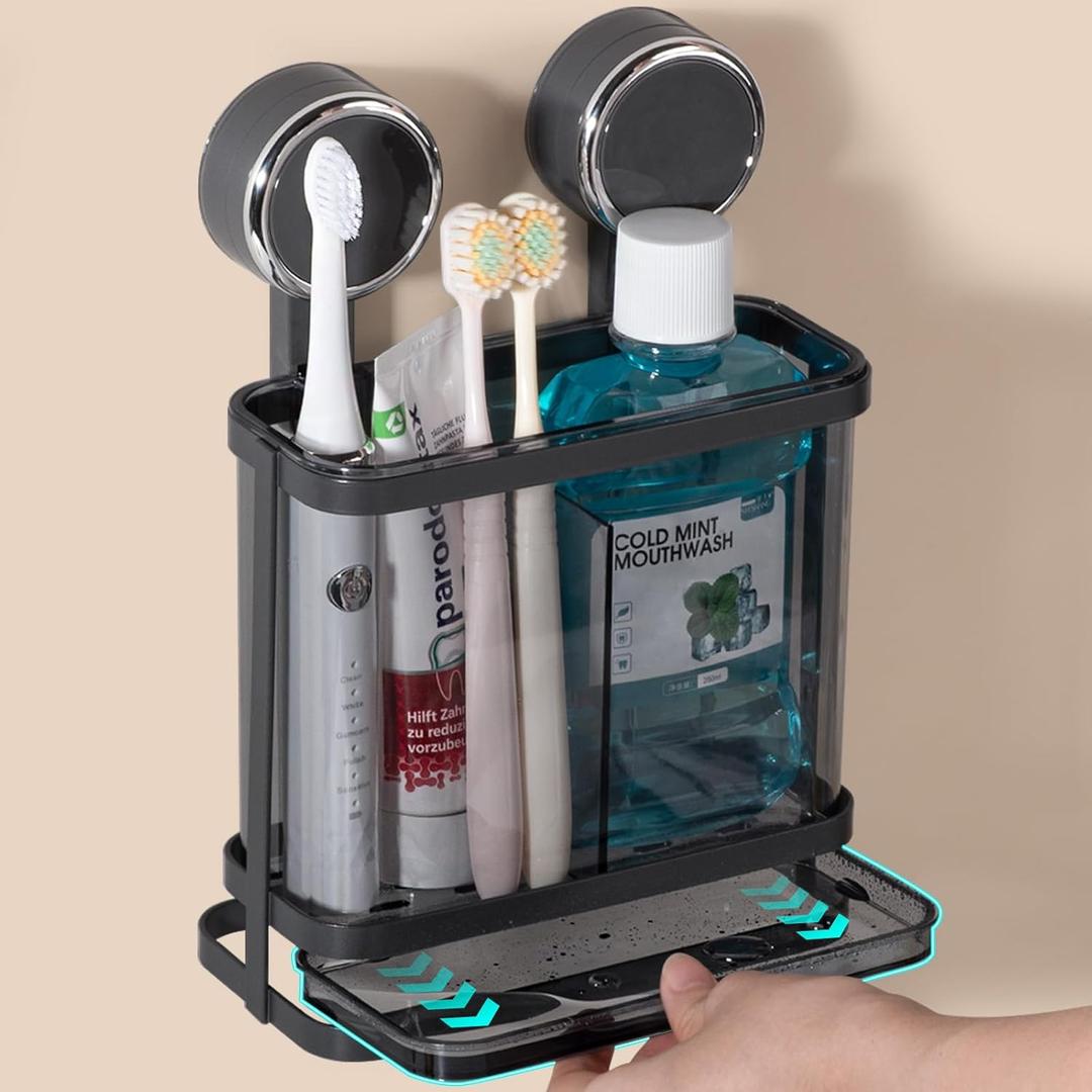 Toothbrush Holders Wall Mounted for Bathrooms, Suction Cup Electric Tooth Brush and Toothpaste Organizer Razor Holder for Shower, Countertop, Vanity, Gray (Grey)