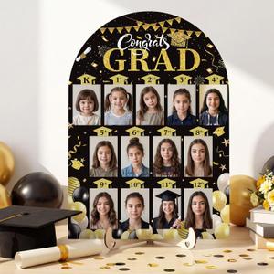 Leinuosen 2026 Graduation Photo Display Kindergarten to 12th Grade Photo Display 12 x 17 Inch School Years Wood Picture Board for Senior High School Graduation Decoration, 2 x 3 Pictures(Black Gold)