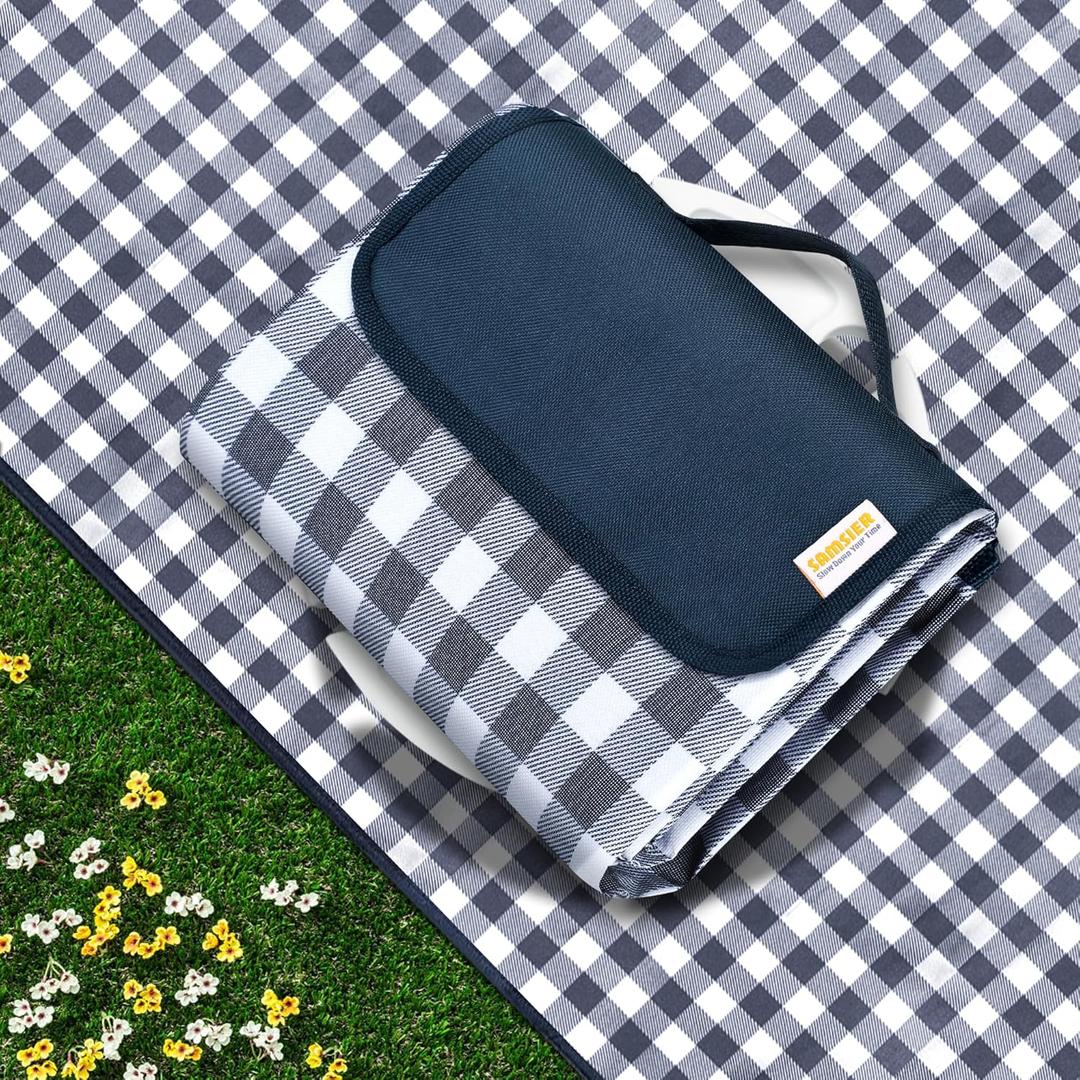 SAMSIER Outdoor Picnic Blankets Waterproof Foldable, Large Beach Blanket Sandproof, Gingham Picnic Mat Cute Washable Portable (Navy Blue, 80"80") (6'8" x 6'8" (Square))