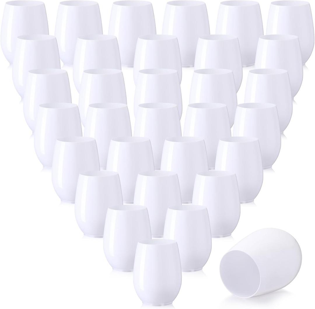 Layhit 32 Pcs White Stemless Wine Glasses Plastic Reusable Unbreakable Whiskey Champagne Drinking Glasses Cups for Wedding Anniversary Mother's Day Birthday Party(10 Oz)