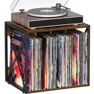 Vinyl Record Storage,Vinyl Record Holder Up to 80-100 Albums,4-Compartment Record Player Stand for Magazine,Book,CD,Files,Albums (12.2"D x 16.14"W x 14.3"H, Brown)