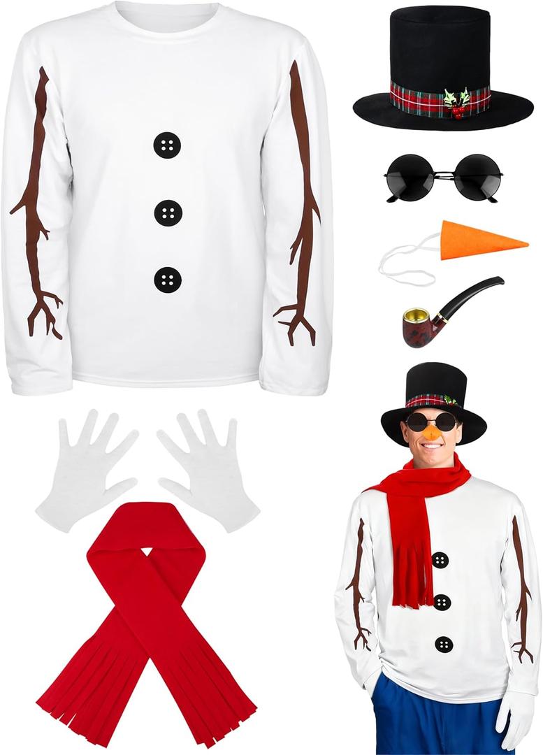 SOMSOC 8 Pieces Snowman Costume Kit Winter Frosty Costume for Men Sweatshirt Top Hat Carrot Nose Scarf Gloves for Christmas (X-Large)