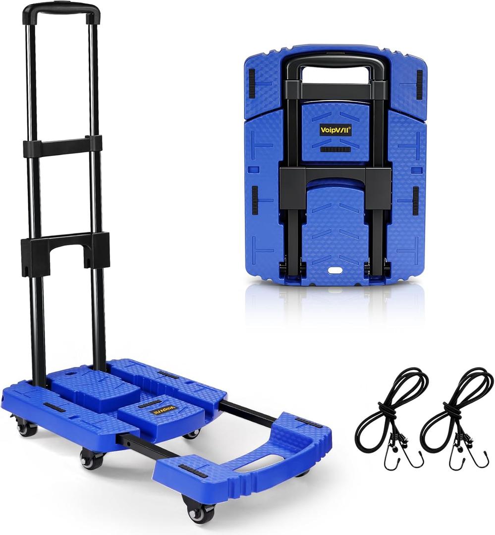 Voipvvii Folding Hand Truck 500lbs, Portable Heavy Duty Dolly Cart, 6 Wheels Collapsible Luggage Cart with 2 Elastic Ropes - Compact Trolley Cart for Easy Moving - Ideal Hand Cart for Travel and More (17, Blue)