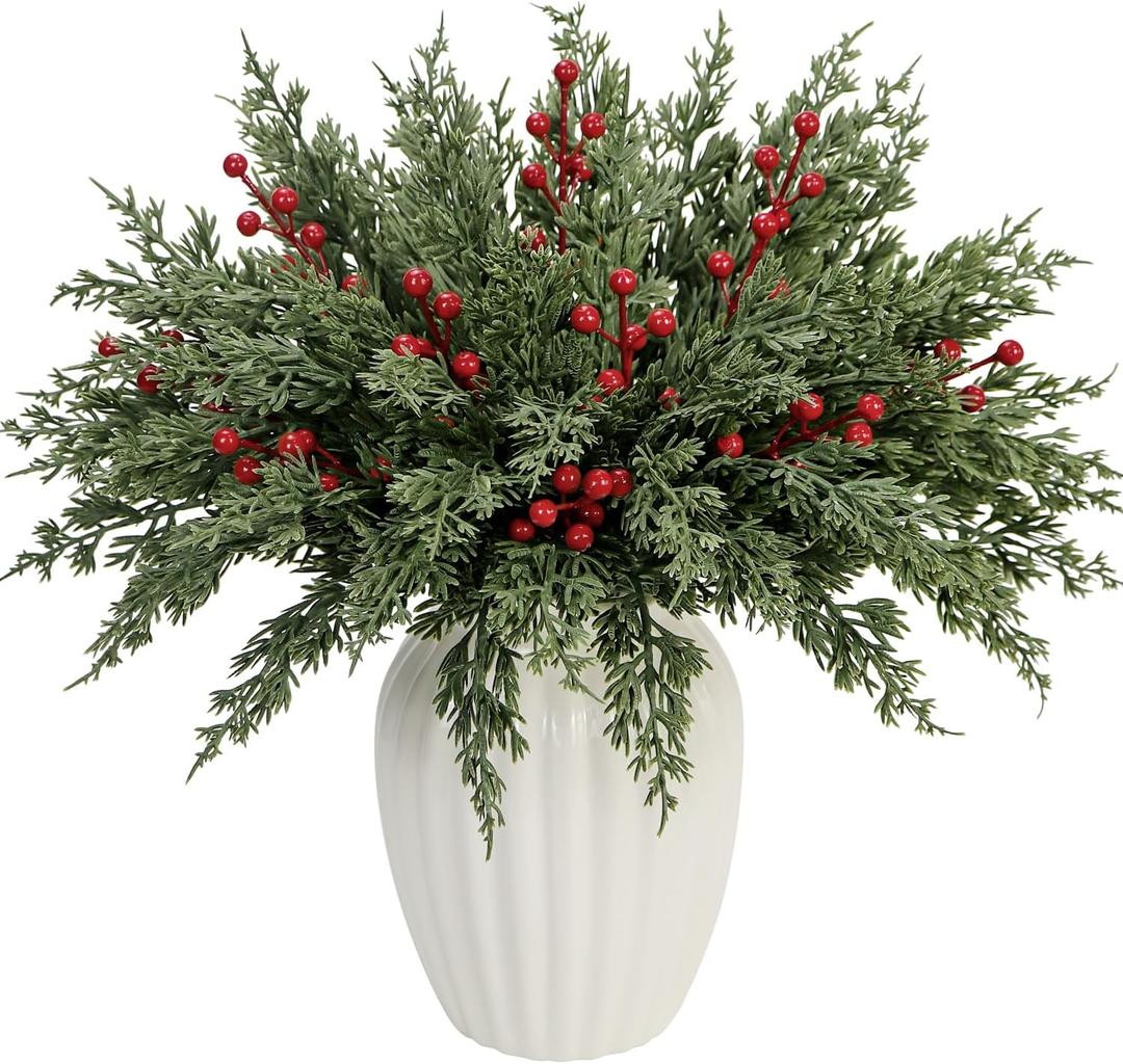 40 Pcs Artificial Pine Branches with Red Berry Picks 11" Winter Christmas Greenery Fake Juniper Leaves Norfolk Pine Stems Needles for DIY Craft Wreath Garland Vase Filler Home Decoration (40, Green)