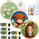 Hahafelt 3 Sets Punch Needle Kits, Punch Needle Kits for Adults Beginner, Highland Cow Daisy Flower Horse Punch Needle Tool with Punch Needle Fabric, Hoops, Yarns and Sewing Needles