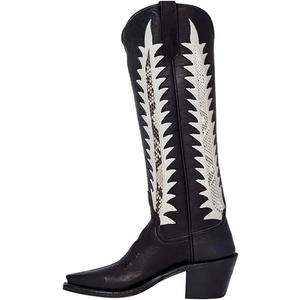 Embroidered Cowboy Boots for Women Almond Round Toe Chunky Heel Cowgirl Boots Pull On Knee High Boots with Foliage Inlay Boots 10