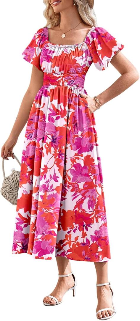Duigluw Women's Casual Summer Midi Dresses 2025 Puffy Short Sleeve U Neck Boho Floral Flowy Maxi Dress (Large)