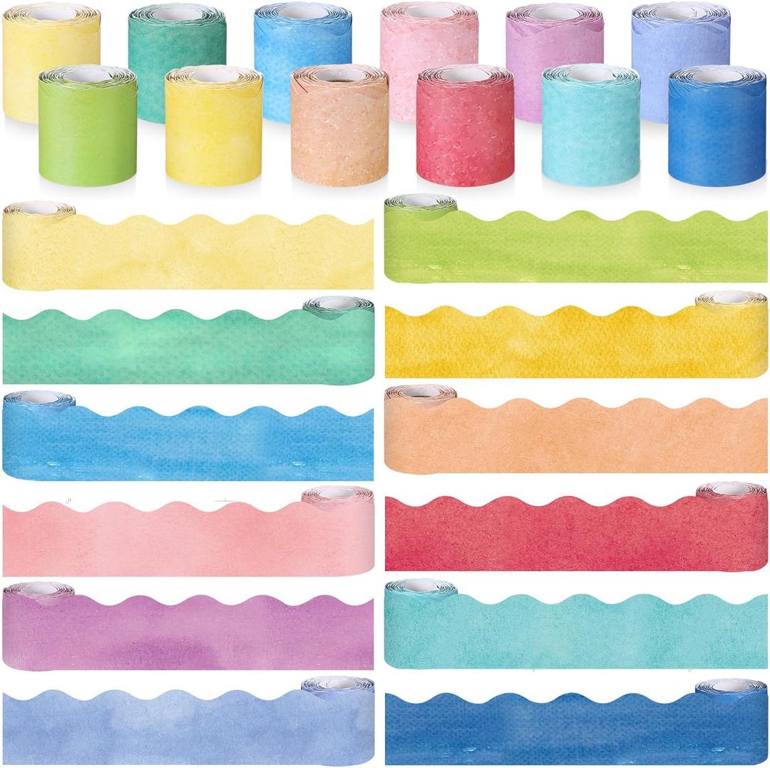 Zhanmai 590ft Classroom Bulletin Board Borders Sets, 12 Rolls Borders for Bulletin Board Scalloped Trims Decoration for Fall School Office Chalkboard Whiteboard Poster Decor(Rainbow Color)
