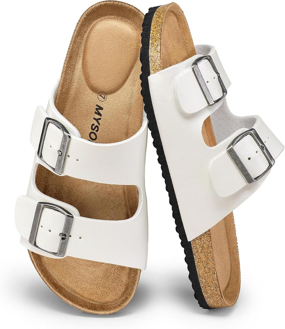mysoft Womens Flat Sandals Cork Footbed Slides 2 Straps Adjustable Buckle Slip On Summer with +Comfort Shoes 8