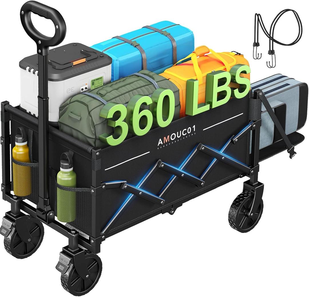 AMADA HOMEFURNISHING Wagon Cart Foldable, Collapsible Wagon Cart with 360 LBS Max Load & Expandable Storage, Sturdy Foldable Grocery Cart with 2 Cup Holders for Outdoor, Groceries, Garden & Camping