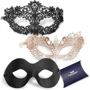 ForUnique Masquerade Masks for Couples – 3 Pack Gold & Black Venetian Style Lace Mask for Women and Men, Elegant Party Costume Masks for Mardi Gras, Halloween, Prom, Ball or Masquerade Party