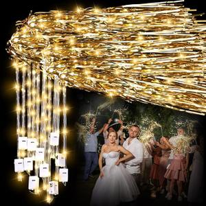 Simgoing 48 Pcs Lighted Wedding Fairy Wands LED Foil Tinsel Wedding Sticks LED Light Up Stick Glow in The Dark Flashing Wands Sparklers for Birthday Party Favors,Warm White