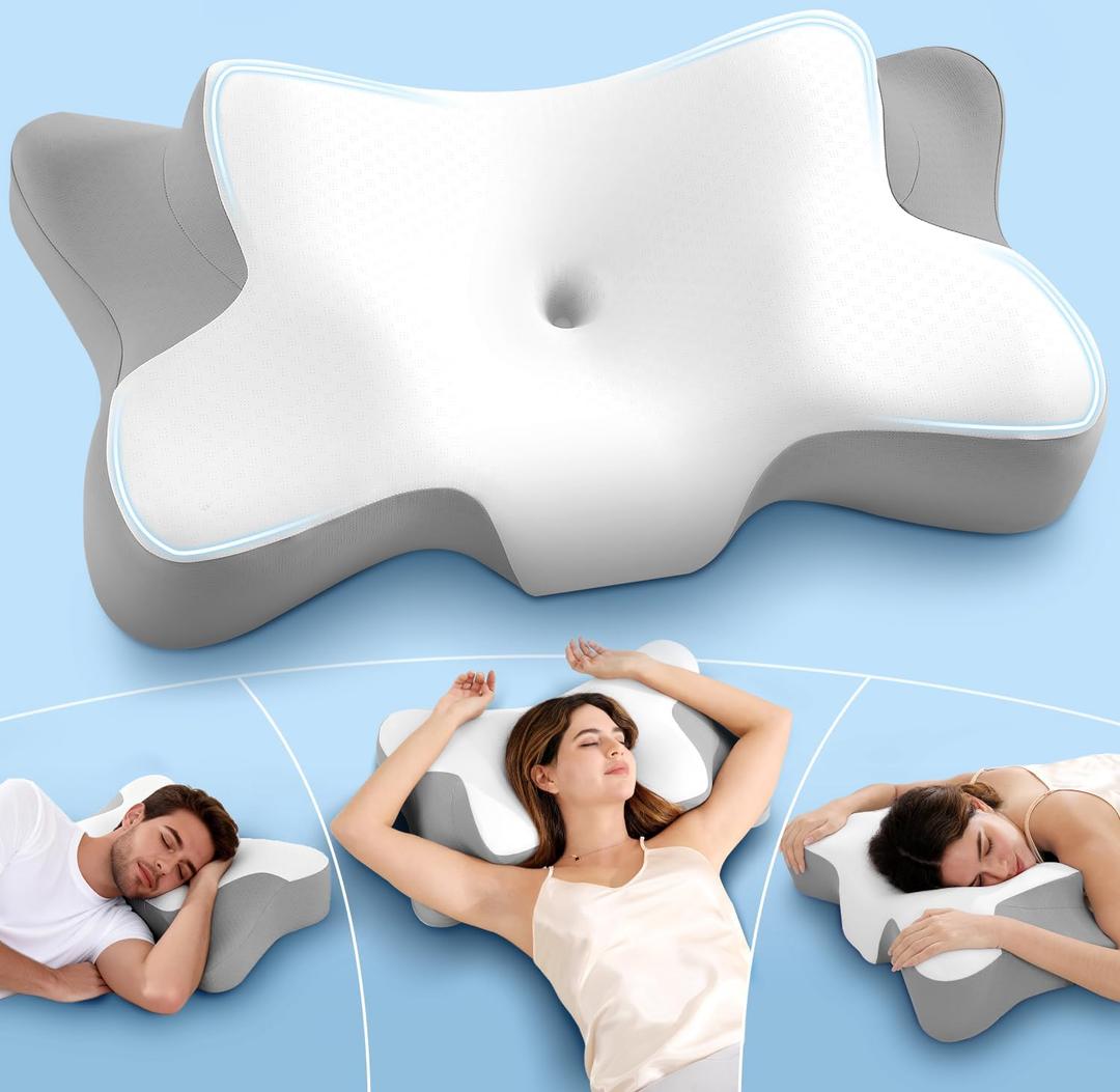Cervical Neck Pillow for Neck Pain Relief, Ergonomic Memory Foam Contour Pillow for Sleeping, Cooling Butterfly Pillow for Back,Side,Stomach Sleepers, Orthopedic Bed Pillow for Neck Support(White)
