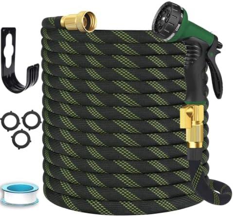 Garden Hose 50 ft, Non-Expandable Flexible Water Hose with 10 Function Spray Nozzle, Lightweight, Leak Proof, Kink-Free, Portable Hose for Outdoor, Yard, Lawn, High-Density Fabric, Black Green