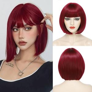 Burgundy Bob Wig With Bangs Short Dark Red Bob Wigs For Women Wine Red Straight Bob Bangs Wig 10 Inch Heat Resistant Synthetic Hair Natural Looking For Daily
