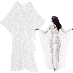 Mepase Boho Witch Lace Kimono Kaftan Dress Robe Bikini Swimsuit Beach Cover up for Women Maternity Halloween Vampire Costume (White)