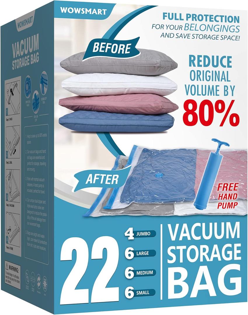 22 Vacuum Storage Bags with Hand Pump, 80% Space Saver Vacuum Seal Storage Bags for Clothing, Travel Lugggage, Blankets, Comforters