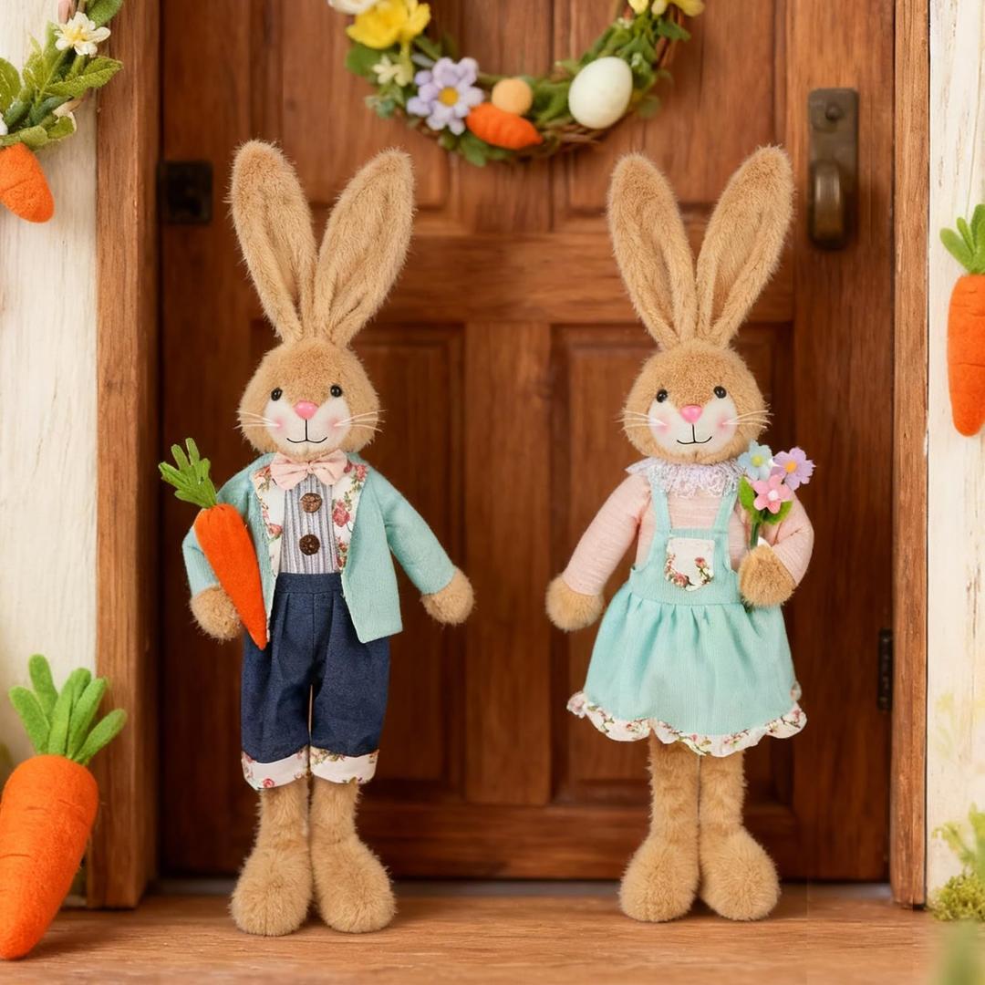 Glintoper 2 Pack Easter Decorations Standing Bunny with Stretchable Legs, 21" to 26" Brown Rabbits Couple Figurine, Party Favor Photo Props Gifts for Office Kitchen Farmhouse Front Door Spring Home, Brown