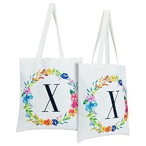 Okuna Outpost Set of 2 Reusable Monogram Letter X Personalized Canvas Tote Bags for Women, Floral Design (29 Inches)
