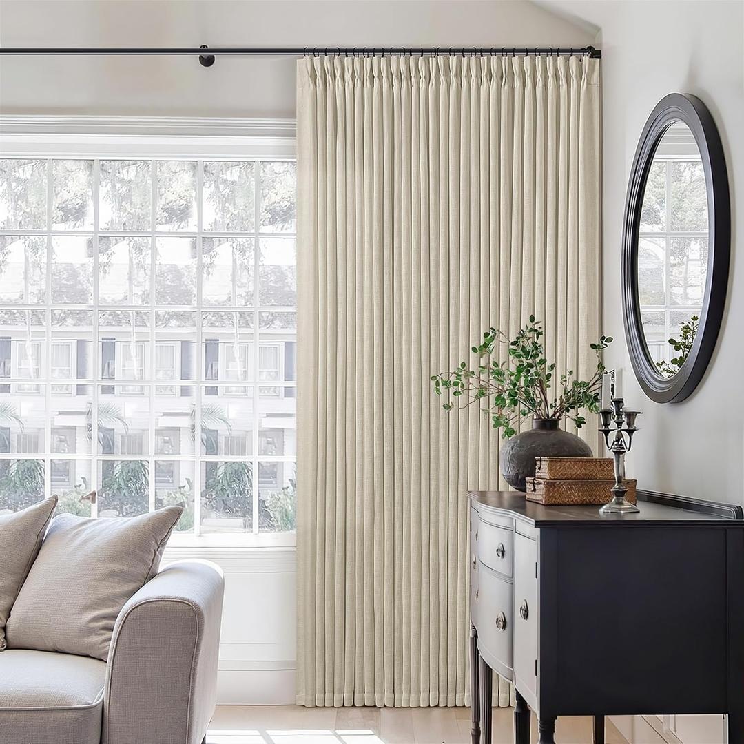 TWODRAPES Beige Linen Curtains 96 Inches Long Pinch Pleated 2 Panels Living Room Bedroom Memory Trained Semi Sheer Neutral Flax Pinch Pleat Drapes with Hooks Rings Light Filtering Window Curtain 40x96